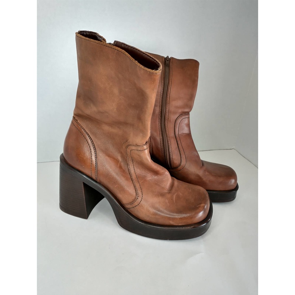 Vintage Y2K Steve Madden Bridge Brown Leather Chunky Heel Square Toe Boot Sz 10